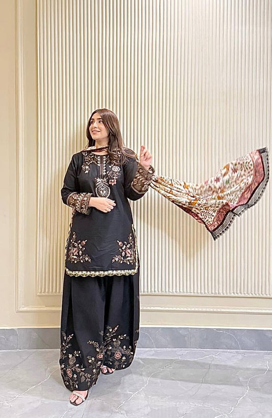 Exclusive Black Cotton Embroidery Work Suit Set