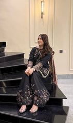 Exclusive Black Cotton Embroidery Work Suit Set