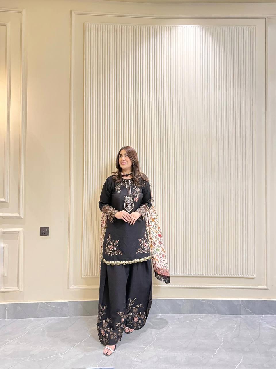 Exclusive Black Cotton Embroidery Work Suit Set