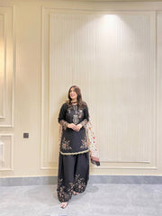 Exclusive Black Cotton Embroidery Work Suit Set