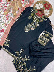 Exclusive Black Cotton Embroidery Work Suit Set