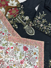 Exclusive Black Cotton Embroidery Work Suit Set