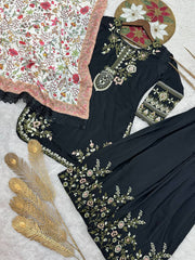 Exclusive Black Cotton Embroidery Work Suit Set