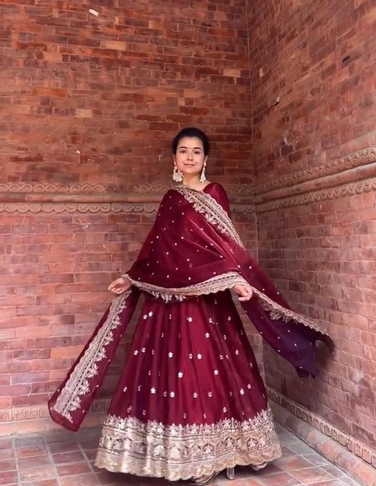 Attractive Maroon Fendy Silk Embroidery Anarkali Suit