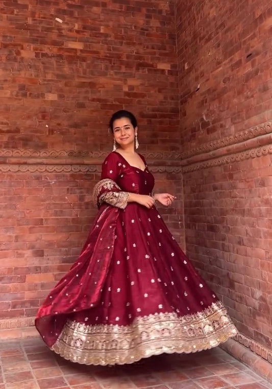Attractive Maroon Fendy Silk Embroidery Anarkali Suit