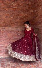 Attractive Maroon Fendy Silk Embroidery Anarkali Suit