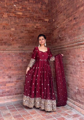 Attractive Maroon Fendy Silk Embroidery Anarkali Suit