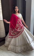 Amazing White Vichitra Silk Embroidery Lehenga Choli