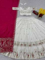 Amazing White Vichitra Silk Embroidery Lehenga Choli