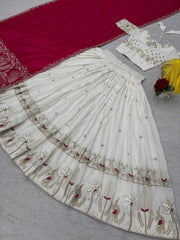 Amazing White Vichitra Silk Embroidery Lehenga Choli