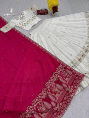 Amazing White Vichitra Silk Embroidery Lehenga Choli