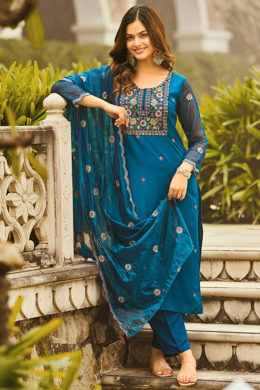 Alluring Teal Blue Rayon Embroidery Suit