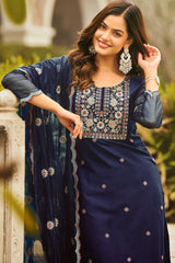 Alluring Teal Blue Rayon Embroidery Suit