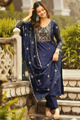 Alluring Teal Blue Rayon Embroidery Suit
