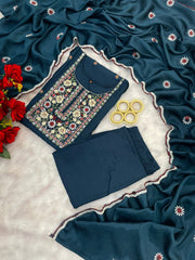 Alluring Teal Blue Rayon Embroidery Suit