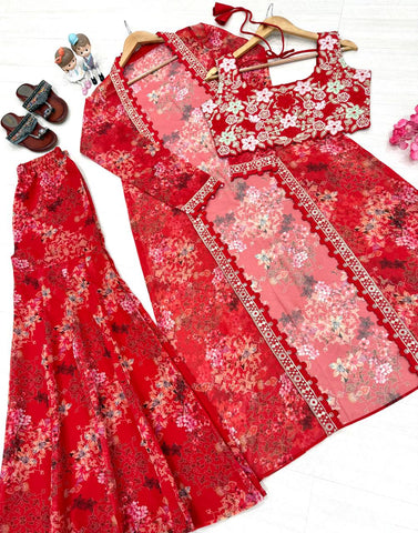 Amazing Red Georgette Digital Print Palazzo With Koti