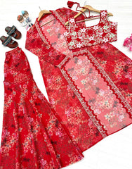 Amazing Red Georgette Digital Print Palazzo With Koti