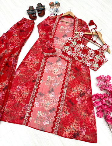 Amazing Red Georgette Digital Print Palazzo With Koti
