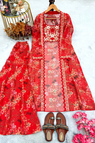 Amazing Red Georgette Digital Print Palazzo With Koti