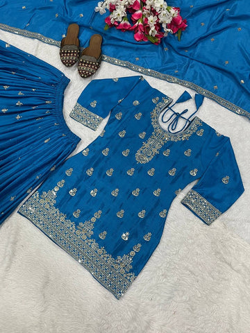 Stylish Sky Blue Chinnon Silk Sequence Work Sharara Suit