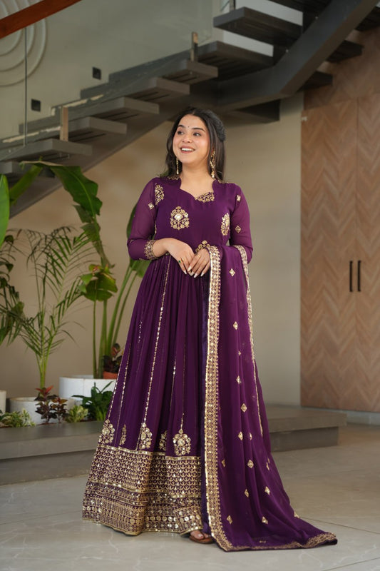 Marvelous Purple Blooming Zari Work Gown