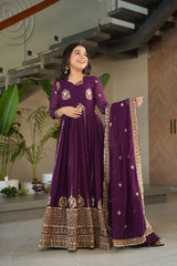 Marvelous Purple Blooming Zari Work Gown