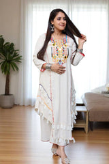 Designer White Khadi Cotton Embroidery Work Co-ord Set