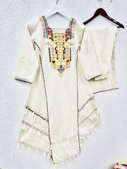 Designer White Khadi Cotton Embroidery Work Co-ord Set