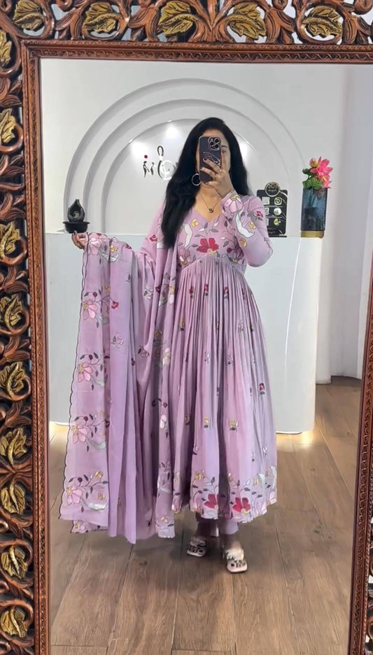 Glorious Peach Georgette Thread Work Gown