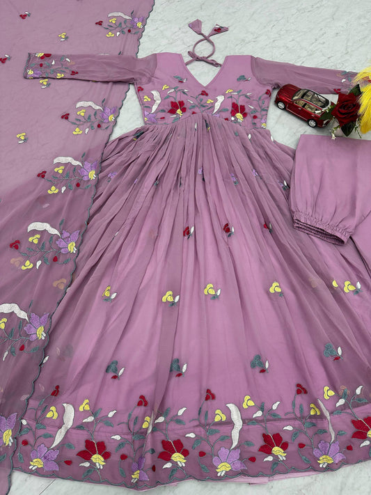 Glorious Peach Georgette Thread Work Gown