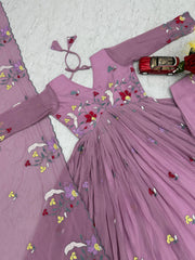 Glorious Peach Georgette Thread Work Gown