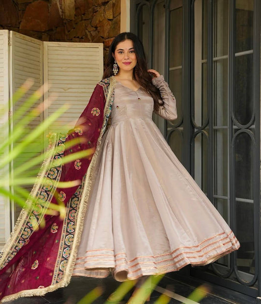 Innovative Gray Crepe Sequence Work Gown