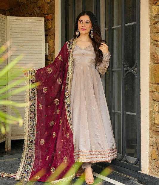 Innovative Gray Crepe Sequence Work Gown