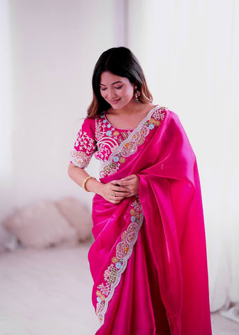 Ravishing Pink Jimmy Choo Embroidery Saree