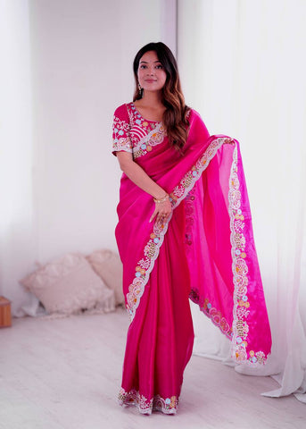 Ravishing Pink Jimmy Choo Embroidery Saree