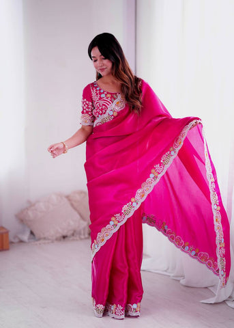 Ravishing Pink Jimmy Choo Embroidery Saree