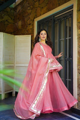 Attractive Pink Organza Lace Work Sharara Suit