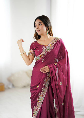 Trendy Wine Crush Work Saree