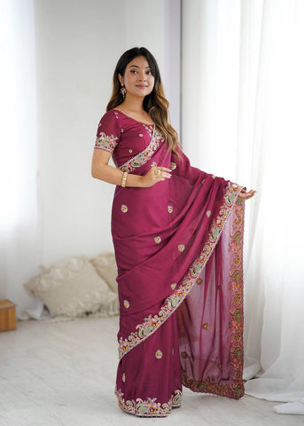 Trendy Wine Crush Work Saree