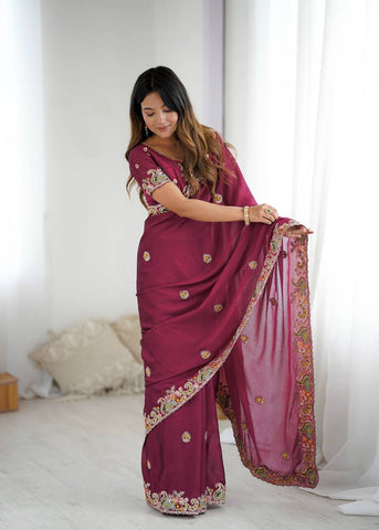 Trendy Wine Crush Work Saree
