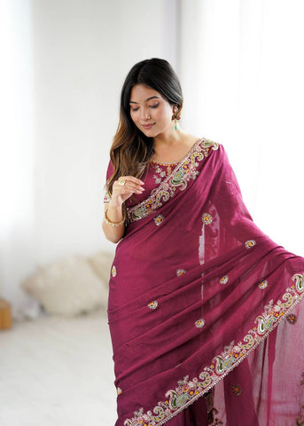 Trendy Wine Crush Work Saree
