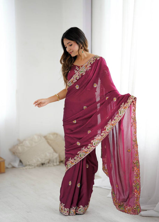 Trendy Wine Crush Work Saree