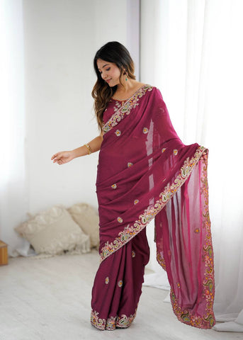 Trendy Wine Crush Work Saree