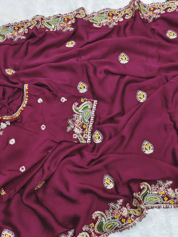 Trendy Wine Crush Work Saree