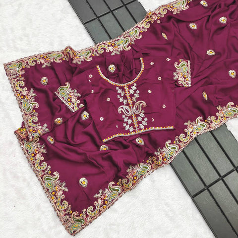 Trendy Wine Crush Work Saree