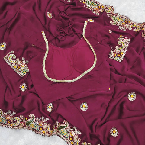 Trendy Wine Crush Work Saree