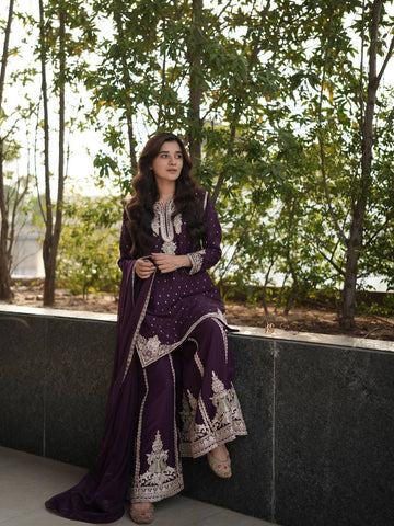 Ravishing Wine Georgette Embroidery Sharara Suit