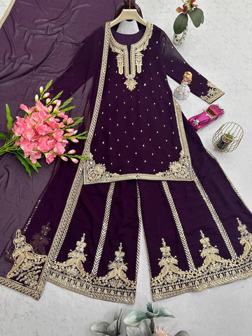 Ravishing Wine Georgette Embroidery Sharara Suit