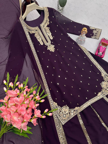 Ravishing Wine Georgette Embroidery Sharara Suit