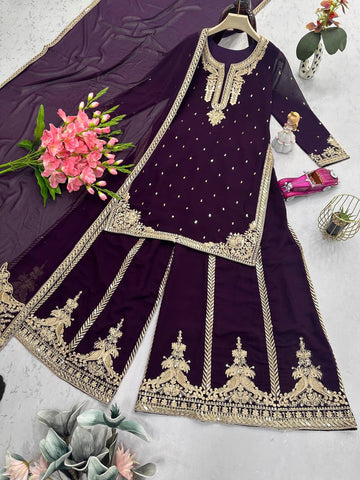 Ravishing Wine Georgette Embroidery Sharara Suit